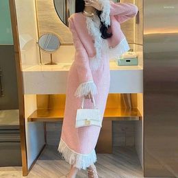 Two Piece Dress Insozkdg Fashion French Vintage Tweed Sets Women Outfits High Quality Chic Fringed Jacket Coat Long Skirt Suits