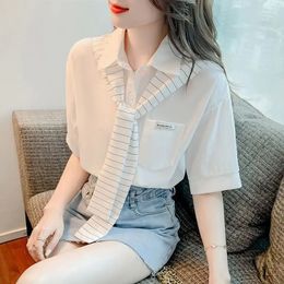 Womens Solid Color 2024 Summer Fashion Striped Bandage Chiffon Blouses Polo Collar Cardigan Button Short Sleeve Shirts Tops 240429