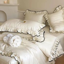 Sets Bedding sets Luxury 1000TC Egyptian Cotton French Princess Wedding Set Ruffles Black Edge Jacquard Duvet Cover Bed Sheet Pillowcas