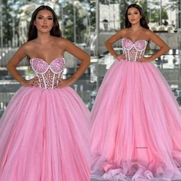 Pink Prom Dresses Diamonds Sweetheart Evening Dress Illusion Bone Bodice Pleats Formal Long Special Ocn Party Dress 0515