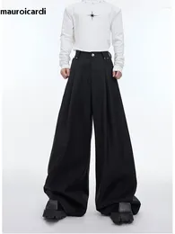 Men's Pants Mauroicardi Spring Autumn Long Loose Casual Black Flowy Soft Pleated Baggy Wide Leg Men With High Waist Korean Fashion2024