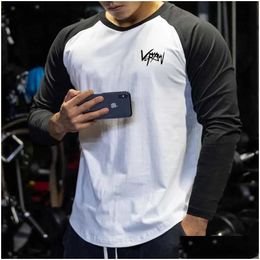 Mens T-Shirts Autumn Casual Long Sleeve T-Shirt Men Fitness Cotton Patchwork Tee Shirt Male Gym Workout Tops Running Breathable Sport Dhb2U