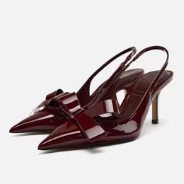 TRAF Bow Patent Leather Stilettos Pumps Women Point Head Thin Heel Slingabcks Sandals Dark Wine Red Kitten Heel Shoes For Woman 240515