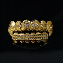 Grills 14K Gold Plated Iced Out Grillz with CZ Diamonds Bling Bling Teeth Fangs Grillz Caps Hip Hop Rapper Custom Fit Top and Bottom Se