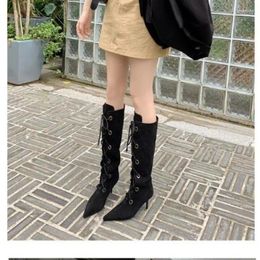 Boots Shoes For Women 2024 Fashion Cross-tied Women's Thin Heels Office And Career Sexy Pointed Toe Knee-High