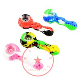 Colorful Silicone Hand Tube Glass Filter Singlehole Holes Bowl Portable Oil Rigs Case Dabber Stick Spoon Herb Tobacco Cigarette Holder Smoking Pocket Pipes
