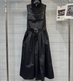 2024 Summer New Black Fragrant Style c Stand up Neck Zipper Pocket Long Sleeveless Dress Women's High Class