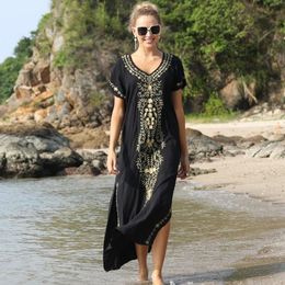 Swimsuit Cover Ups Embroidery V Neck Short Sleeve Swim Up for Women Kaftan Dresses 240508