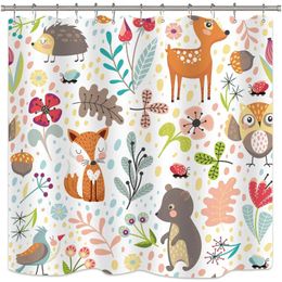 Shower Curtains Children's Woodland Forest Animals Adorable Girls Cute Cartoon Baby Funny Plants Colorful Bathroom Decor