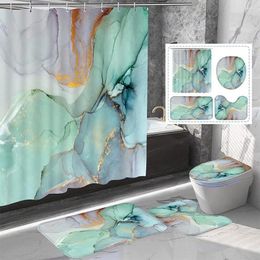 Shower Curtains 4Pcs/Set Marble Style Curtain Set With Non-Slip Rugs Toilet Lid Cover And Bath Mats Bathroom Kit