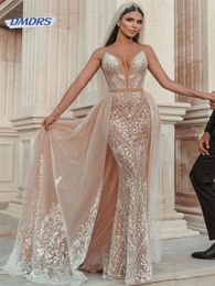 Seksowna głęboka sukienka ślubna bez ramiączki romantyczne koronkowe aplikacje ślubne suknia ślubna plaża Vestidos de novia