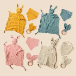 Bibs Burp Cloths 3-piece set of pure cotton plain weave baby bibs stuffed with rabbit dolls newborn sticker towels safety blankets baby sleep hugs towels teethL2405