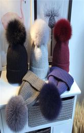 Fashion Winter Women039s Wool Knitted Beanies Caps Real Fur Pom Poms Hairy Ball Thick Warm Hat For Child BeanieSkull3918072