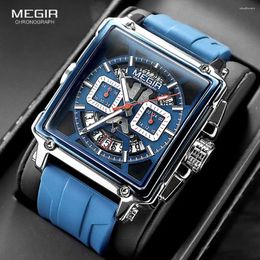 Wristwatches MEGIR Square Dial Sport Quartz Watch Men Fashion Waterproof Luminous Wristwatch With Chronograph Date Blue Silicone Strap 2233