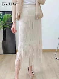 Skirts GVUW Pleated Spliced Skirt Women Elastic Waist A Line Solid Color Medium Long Loose Elegant Lady Versatile 2024 17G5875