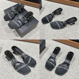 Designer for women Mules flat slides slippers womens summer outdoor shoes Transparent PVC material ribbon High quality streamlined luxury square slippers With box