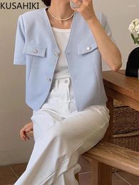 Women's Jackets KUSAHIKI Korean Chic Summer French Style V-neck Pearl Buckle Design Versatile Short Sleeved Jacket For Women