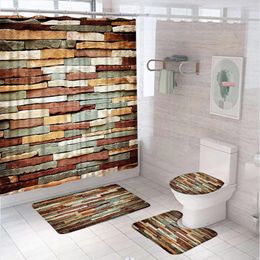 Shower Curtains Coloured Stone Surface Texture Curtain Set Non-Slip Rugs Toilet Cover Bath Mat Rustic Brick Wall Fabric Bathroom