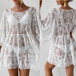 Cover Up Women's Lace Shirt Round Neck Beach For Vacation Sexy Bikini Skirt Swimsuit Sun Protection Women