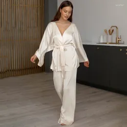 Home Clothing Autumn And Winter Satin Long-Sleeved Cardigan Breathable Ice Silk Nightgown Suit European American Loose Trousers Women