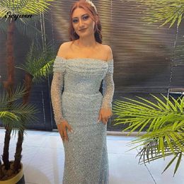 Party Dresses Glitter Mermaid Light Blue Evening Long Sleeves Strapless Beads Sequined Arabic Prom Gowns Sparkly Formal Occasion Dress