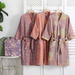 Home Clothing Couple's Absorbent And Quick Drying Bathrobe For Spring Summer Cotton Floral Printed Style Bath Towel Robes