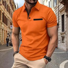 Mens solid color summer short sleeved polo shirt fashionable button jacquard plaid mens casual golf 240429