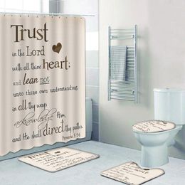 Shower Curtains Love God Be Strong Print 4PCs Curtain Set Non Slip Rug Bath Mat White Letters Pattern Bathroom Toilet Lid Cover