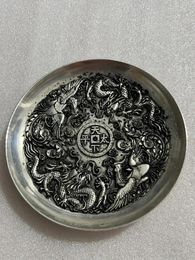 Decorative Figurines China Elaboration Tibet Silver Engrave Propitious "Dragon And Phoenix " Dish Metal Crafts Home Decoration