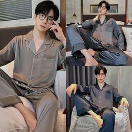 Mens Pajamas 2 Sets Of Spring And Autumn Models Ice Silk LongSleeved Home Wear Summer Thin 240428