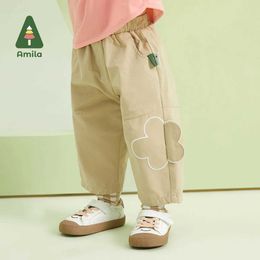 Trousers Amila Baby Girl Pants 2023 Spring New Khaki 100% Cotton Tooling Style Trousers Casual Cute Loose Kids Clothing 0-6 Years FashionL240502