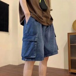 Men's Shorts Elastic Waist Pants Men Breathable Knee Length Cargo With Pockets For Loose Fit Wide Leg Solid