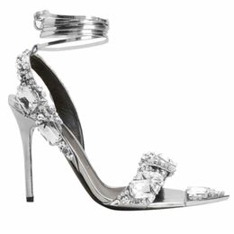 Metallic Crystal embellished Ankle-Tie Sandals heeled stiletto Heels for women Party Evening shoes open toe Calf Mirror leather luxury designers factory