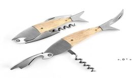 Fish Shaped Wooden Handle Wine Beer Opener Portable 304 Stainless Steel Kitchen Restaurant Bar Inventory Whole8144638
