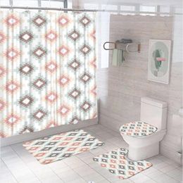 Shower Curtains Geometric Plaid Curtain Sets Modern Wave Pattern Art Bathroom Non-Slip Bath Mats Pedestal Rugs Lid Toilet Cover