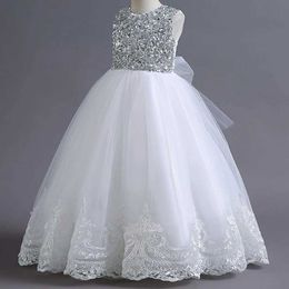 Girl's Dresses Girls Sleepless Wedding Dress Childrens Clothing Pearl Diamond Party Lace Sheer Princess Birthday Dress d240515
