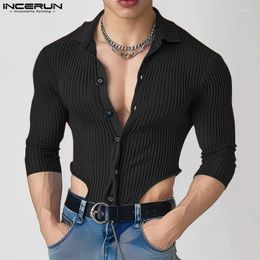 Men's Casual Shirts INCERUN Tops 2024 American Style Mens Knitted Striped Irregular Hem Sexy Solid Colour Long Sleeved Blouse S-5XL