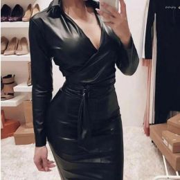 Basic Casual Dresses Stretchy Y And Fashionable Pu Leather Pants With Waistband Slo Shoder Tie Up Jumpsuit Dress For Women Drop Delive Otq2E