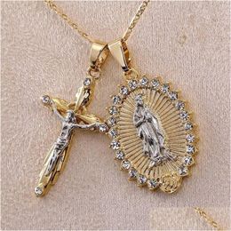 Pendant Necklaces Classic Gold Plated Cross Crucifix Jesus Necklace Virgin Mary Relius Jewellery For Men Women Party Gifts Drop Delivery Ot7Jp