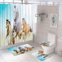 Shower Curtains Horses Running Curtain Sets With Non-Slip Rug Toilet Lid Cover Bath Mat Animal Art Fabric Bathroom 12 Hooks