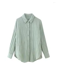 Women's Blouses Women Casual Turn-Down Collar Single Breasted Green Loose Shirts Female 2024 Summer Fashion Pleated Long Tops