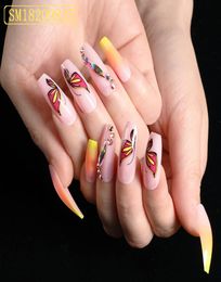 24PCS Fashion Colourful False Nails Long Detachable French Fake Nail Ballet Coffin Nail Tips Rhinestones Press on Nail Art Tool2942632