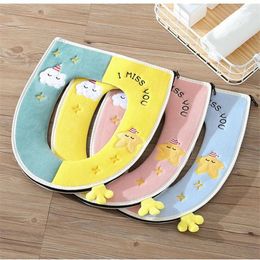 Toilet Seat Covers Cute Cartoon Embroidery Home Cushion Thick Plush ZipperType Mat Creative Universal Sit Pad With Handle