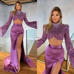Purple Mermaid Prom Dresses Pearls High Neck Evening Dress Sequins Beads Sleeves Thigh Split Pleats Formal Long Special Ocn Party Dress 0515