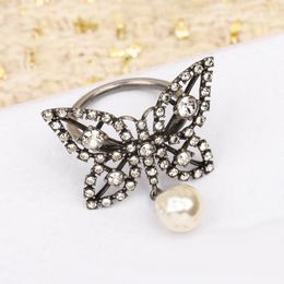 2024 New Arrival Luxury Brand Fashion Butterfly Ring Smooth Brass Black Hollow Out Retro Pearl Style Women Party Jewellery High Quality