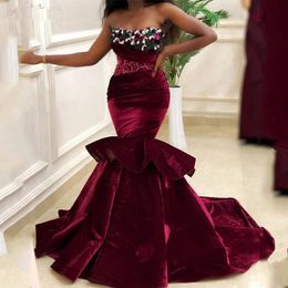 Burgundy Mermaid Prom Dress Beaded Flowers Evening Party Gowns Sweetheart Sweep Train Women Princess Party Wear 265J