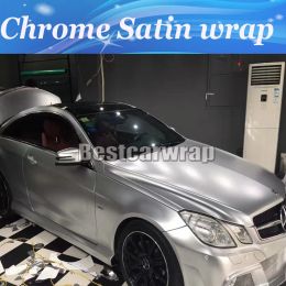 Stickers Top quality Silver Chrome Satin Vinyl Car Wrap styling Foil covering stickers Chrome Vehicle WRAPPING skin size 1.52x20m/Roll 4.98