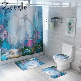 Bath Mats Dolphin Printed Ocean World Mat Set Home Decor Bathroom Toilet Rug And Shower Curtain Anti-slip Foot