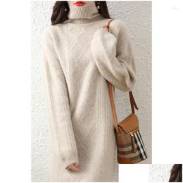 Basic Casual Dresses High Collar 100 Pure Wool Knitted Dress Womens Autumn And Winter Mid Length Over Knee Loose Twisted Stripe Skirt Dh57J