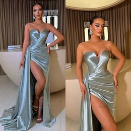 Elegant Sier Prom Dresses Sweetheart Party Evening Dress Pleats Thigh Slit Satin Formal Long Special Ocn Dress 0515